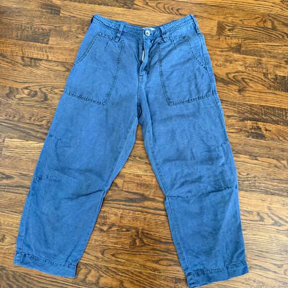 Anthropologie Wide Leg Crop Pants Linen Blend Casual Blue Trousers Size 27 GUC - Picture 2 of 7
